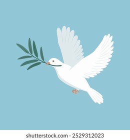 White dove with olive branch flying, symbol of peace, isolated