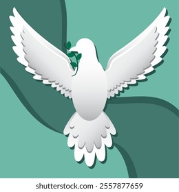 White dove with olive branch and green background Vector