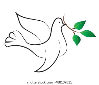 White dove with an olive branch in her beak. Symbol of the Holy Spirit, of Noah's ark, of peace. Color vector illustration.