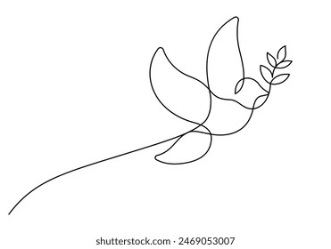 white dove with olive branch one line drawing continuous vector illustration peace and freedom concept minimalism