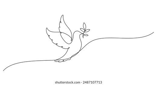 white dove with olive branch one line drawing continuous vector illustration peace and freedom concept