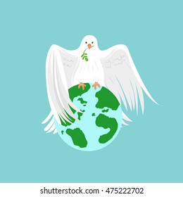 White dove with olive branch and planet earth for International Peace Day isolated on a blue background. Vector illustration. For posters, greeting cards and web design.