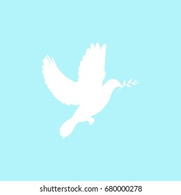 white dove with olive sprig on powder blue background.  Icon isolated on white.  Peace vector symbol. International  Peace day sign.