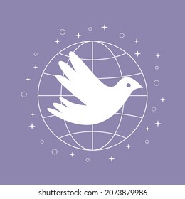White dove on the background of the globe. Peace and religion symbol. Flat illustration.