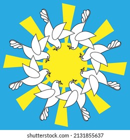 Paloma blanca sobre el fondo del cielo y el sol. Marco redondo. mandala. Ilustración vectorial, plantillas de diseño. Aves llanas