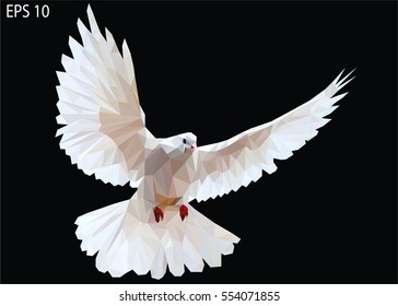 White dove on a black background in the style of Low Poly. Symbol of freedom and holiness. concept for congratulations.