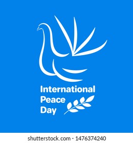 White dove on a blue background with a branch. Day of peace. Vector stock illustration.
