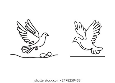 White dove in one continuous line drawing. Bird symbol of peace and freedom in simple linear style. Concept for national labor movement icon. Editable stroke. Doodle outline vector illustration