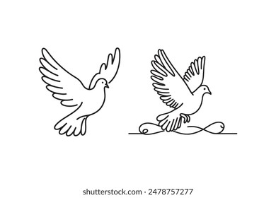 White dove in one continuous line drawing. Bird symbol of peace and freedom in simple linear style. Concept for national labor movement icon. Editable stroke. Doodle outline vector illustration