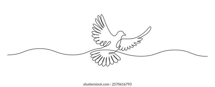 White dove in one continuous line drawing. Bird symbol of peace and freedom in simple linear style. Concept for wedding invitation icon. Editable stroke. Doodle outline vector illustration