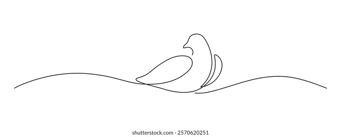 White dove in one continuous line drawing. Bird symbol of peace and freedom in simple linear style. Seagull on sea wave icon. Editable stroke. Doodle outline vector illustration