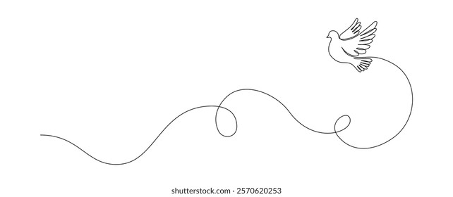 White dove in one continuous line drawing. Bird symbol of peace and freedom in simple linear style. Concept for wedding invitation icon. Editable stroke. Doodle sketch vector illustration