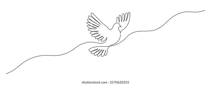 White dove in one continuous line drawing. Bird symbol of peace and freedom in simple linear style. Concept for wedding invitation icon. Editable stroke. Doodle contour vector illustration