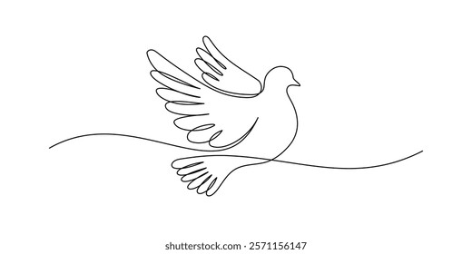 White dove in one continuous line drawing. Bird symbol of peace and freedom in simple linear style. Concept for wedding invitation icon. Editable stroke. Doodle ink sketch vector illustration