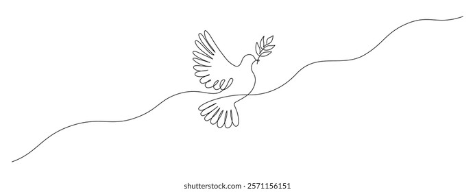 White dove in one continuous line drawing. Bird symbol of peace and freedom in simple linear style. Concept for wedding invitation icon. Editable stroke. Doodle oneline vector illustration