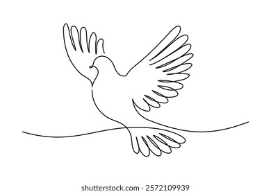 White dove in one continuous line drawing. Bird symbol of peace and freedom in simple linear style. Concept for wedding invitation icon. Editable stroke. Doodle hand drawn vector illustration