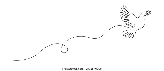 White dove in one continuous line drawing. Bird symbol with olive branch of peace and freedom in simple linear style. Concept for wedding invitation icon. Editable stroke. Doodle vector illustration