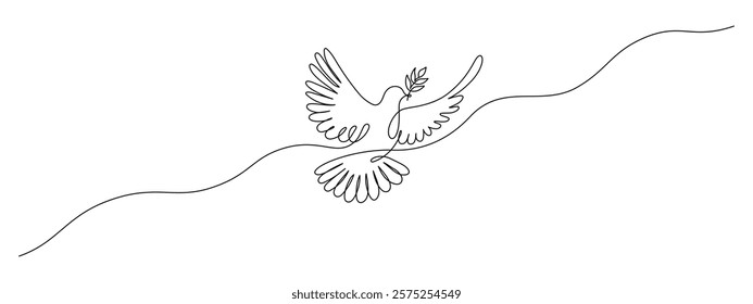 White dove in one continuous line drawing. Bird symbol of peace and freedom in simple linear style. Concept for wedding invitation icon. Editable stroke. Doodle monoline vector illustration