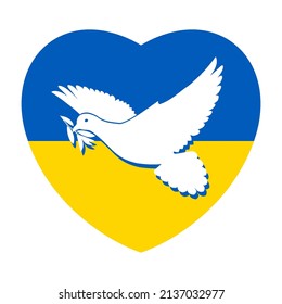 White Dove of Peace Flying with a Branch on the Background of the Ukrainian Flag in Heart Shape. Pray for Peace in Ukraine Concept Illustration. Symbol of Peace and Freedom on White
