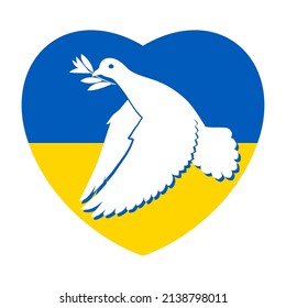White Dove of Peace Flying with a Branch on the Background of the Ukrainian Flag in Heart Shape. Pray for Peace in Ukraine Concept Illustration. Symbol of Peace and Freedom on White Background