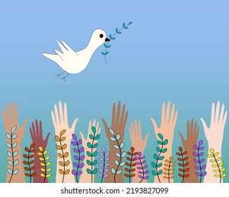 White dove of peace flying with branch. Raised up hands of different skin color. Vector illustration for Earth Day and World Environment Day.