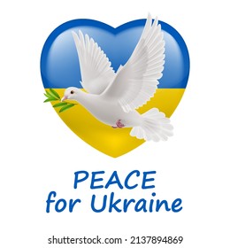 White Dove of Peace Flying with a Green Olive Branch, and Ukraine Flag in Heart Shape. Pray for Peace in Ukraine Concept Illustration on White Backdrop