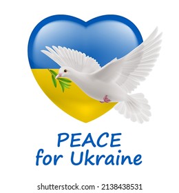 White Dove of Peace Flying with a Green Olive Branch, and Ukraine Flag in Heart Shape. Pray for Peace in Ukraine Concept Illustration. Symbol of Peace and Freedom on White