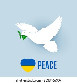 White Dove of Peace Flying with a Green Olive Branch, and Ukraine Flag in Heart Shape. Pray for Peace in Ukraine Concept Illustration. Symbol of Peace and Freedom on Blue