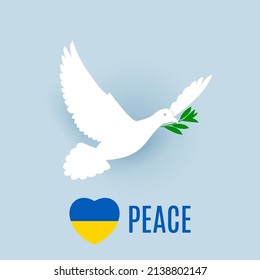 White Dove of Peace Flying with a Green Olive Branch, and Ukraine Flag in Heart Shape. Pray for Peace in Ukraine Concept Illustration on Blue Background