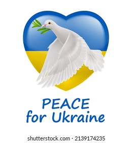 White Dove of Peace Flying with a Green Olive Branch, and Ukraine Flag in Heart Shape. Pray for Peace in Ukraine Concept Illustration. Symbol of Peace and Freedom on White Background