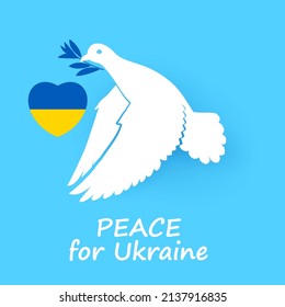 White Dove of Peace Flying with an Olive Branch, and Ukraine Flag in Heart Shape. Pray for Peace in Ukraine Concept Illustration. Symbol of Peace and Freedom on Blue Background