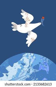 White dove of peace with olive branch flies over blue globe. Bird soaring in the sky. Pigeon international symbol of peace. Conceptual illustration no war. Hand drawn vector illustration, poster