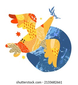 White dove of peace with olive branch flies over blue globe. Bird soaring in the sky. Pigeon international symbol of peace. Conceptual illustration no war. Hand drawn vector illustration, poster