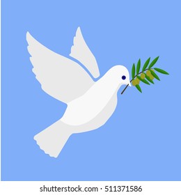 White dove of peace with olive branch. Flat vector illustration