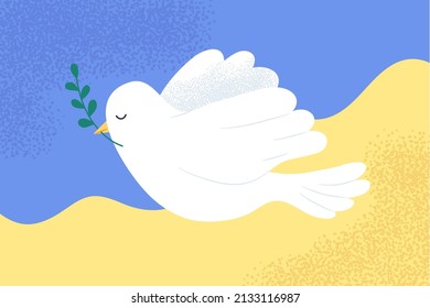 White dove of peace on blue and yellow color of Ukraine flag background. Concept of supporting Ukraine, peace symbol. Pray for Ukraine. Stop the war. Flat vector illustration.