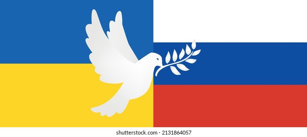 White dove of peace on ukrainian and russian flag in the background. Symbol of hope and peace