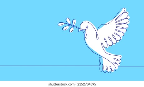 White dove of peace in one line on a blue background. International Day of Peace. Banner with copy space. Vector stock illustration.