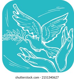 White dove of peace in our hands. Two palms care for peaceful world. Lives matter. Anti war symbol. Sign of love, hope, freedom. Hand drawn retro vintage vector illustration. Old style cartoon drawing