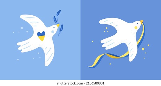 White dove Peace  Pigeon and Ukrainian ribbon  Save Ukraine  no war  Vector illustration  flat design  