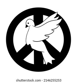 A white dove of peace and a peace sign logo, a black and white pacifism icon 