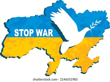 White dove of peace and silhouette of Ukraine with national flag