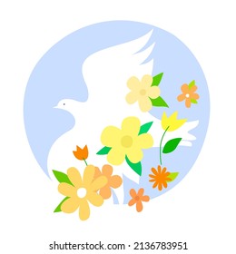 White dove of peace with yellow flowers and plants. Symbol. No war. Support, help Ukraine. Flat vector illustration isolated on white background