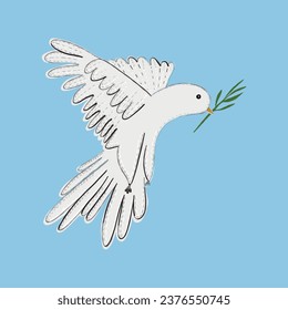 White dove pigeon with green leaves. Peace illustration