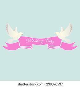 White dove with pink ribbon, wedding day, invitation, white doves