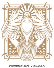 White dove poster. Vector illustration of white flying pigeon in engraving technique on decorative geometry background. 