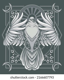 White dove poster. Vector illustration of white flying pigeon in engraving technique on decorative geometry background. 