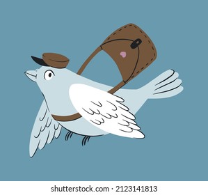 White dove postman flies with a bag. The bird delivers letters. Pigeon mail. Vector hand drawn illustration.