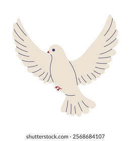 A white dove with red beak flying in the air. The dove is the symbol of peace and freedom