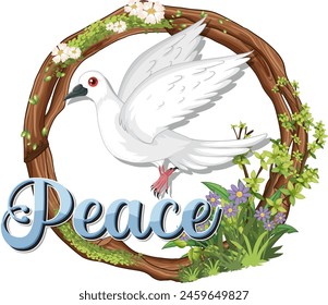White dove with red feet inside a floral wreath