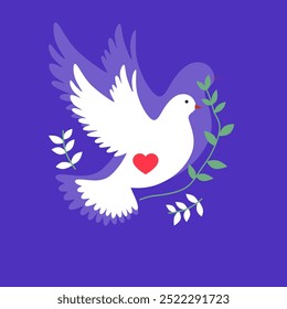 white dove with a red heart and olive branch, flying against a purple background, symbolizing peace and love.